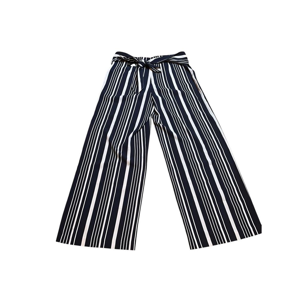 INC Wide Leg Pants Mid Rise Tie Front Pull-On Striped Blue/White Womens 10 NWT
